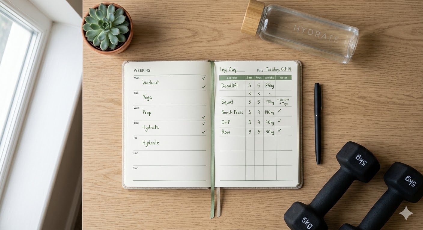 Fitness Planner Pro — Aufgeschlagener Trainingsplaner auf Holztisch